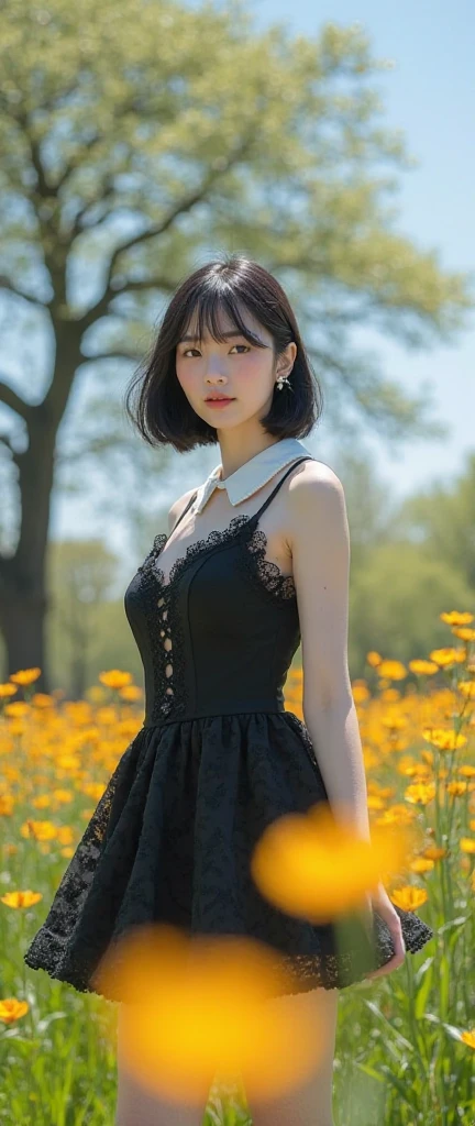 (ultra realistic), (best illustration), (increase resolution), (8K), (ultra-detailed), (masterpiece), (wallpaper), solo, 1 girl, looking at viewers, black straight hair, in the dark, deep shadow, low key, pureerosfaceace_v1, happy smile, summer dress, full body, meadow