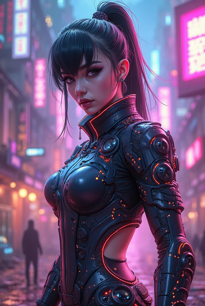 A woman with cyberpunk-style mechanized body parts stands out.. The transparent skin allows you to see the circuits and cables, His eyes light up with colorful LEDs. Limbs are a mixture of flesh and metal, Equipped with advanced prosthetic limbs and cybernetic interfaces. Wearing a black camisole, This figure is、Set in a dystopian city filled with crumbling skyscrapers。. This image depicts the fusion of man and machine in a cyberpunk future world.。