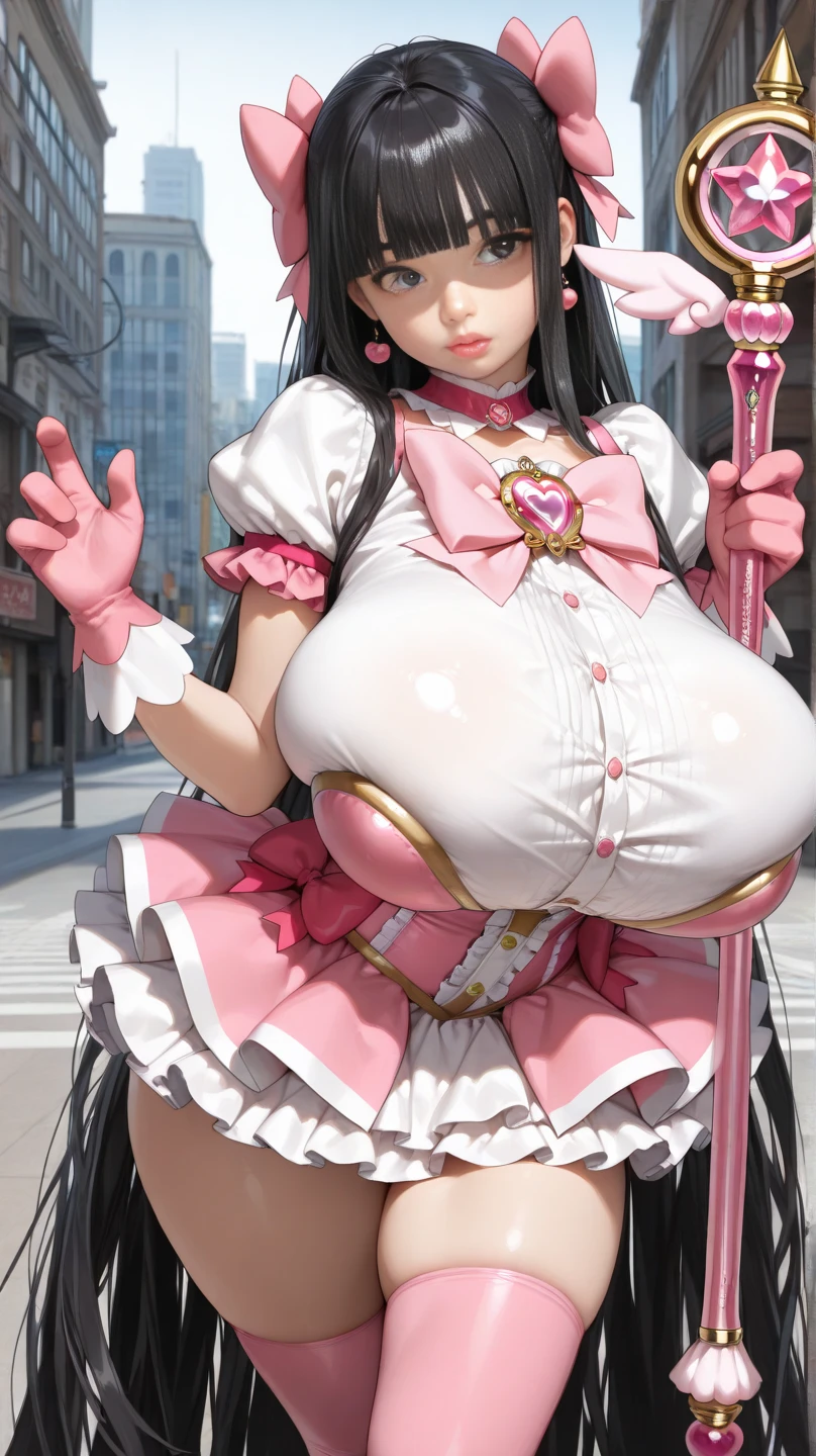 (female:1.2) (bodybuilder:0.8), masterpiece, photorealistic, 1girl, laughing, closed eyes, large breasts, white gloves, holding weapon,