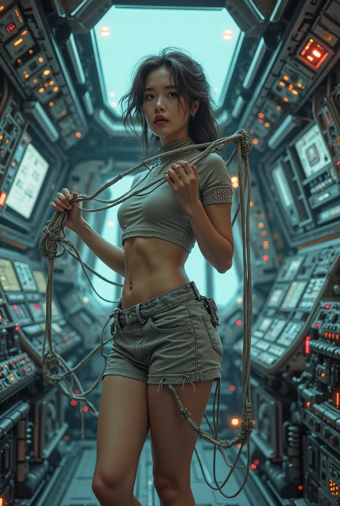 masutepiece, High resolution,Best Quality,High Definition, Perfect composition, Perfect face, Perfect body, Golden ratio, 8K,Inside the space station,Cinematic lighting,Mystical light,(Full body tattoo),silber hair,light skinned,Beautiful breasts,Navel,put index finger on mouth,From below,