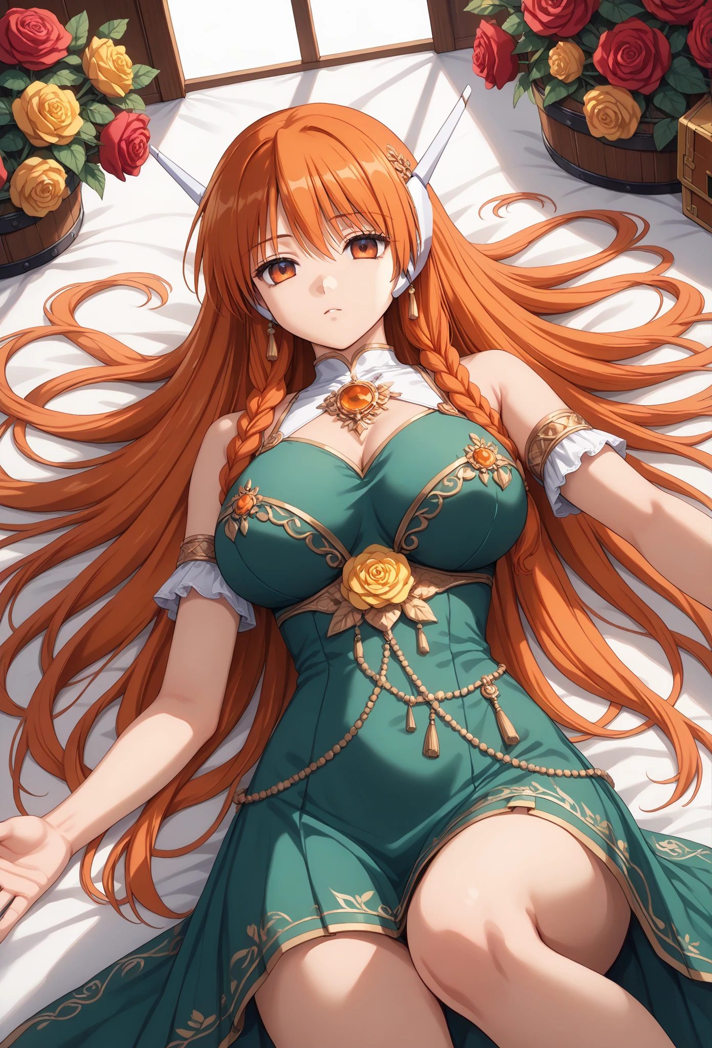Highest quality, masterpiece, 8K, anime, 1girl, High resolution, full body shot, auburn hair, emerald green eyes, makeup, high heel shoes, bare legs, white princess dress, large breasts, standing pose, ruffled skirt, large thighs