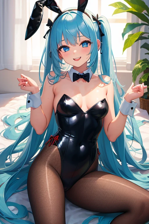 masterpiece, highest quality, High resolution, Dragon Ball, blmpony, aqua hair, Black Bunny Suit、Blue tights、black rabbit ear ornament