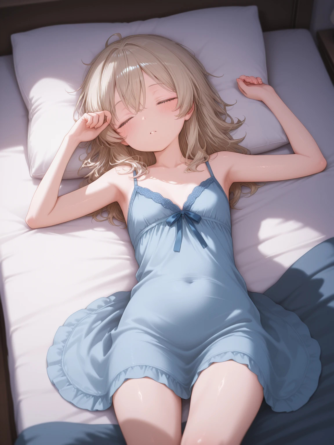 gonzarez, masterpiece, Serenaj, 1girl, solo, wedding dress, blonde hair, close eyes, close mouth, eyelashes, breasts, medium hair, night, bed room, sleeping, cute, bed, pillow,
