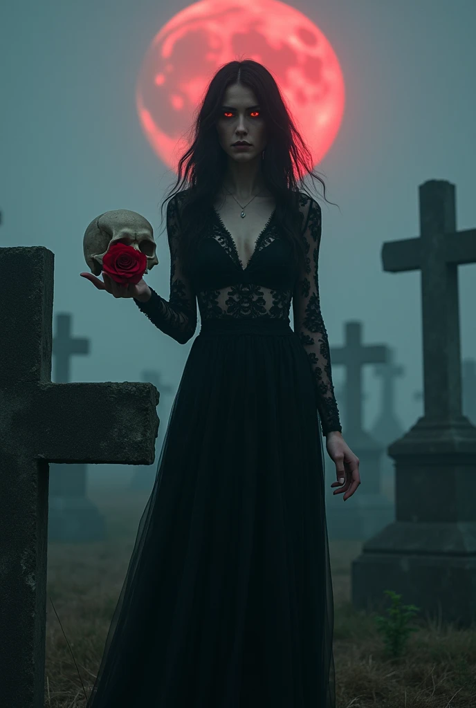 Skull-faced woman holding a rose, standing in a cemetery, with a dramatic red sky in the background, gothic style, dark and mysterious atmosphere, high detail, realistic rendering