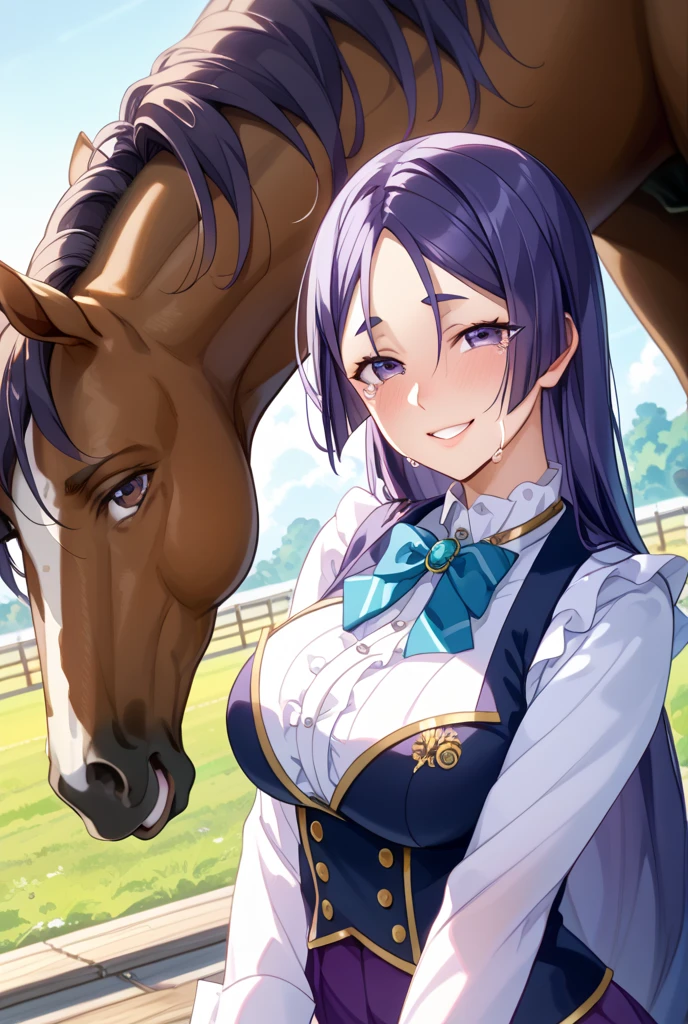 masterpiece, best quality, highres, ccsuzuka, long hair, animal ears, ear covers, white hairband, horse tail, white shirt, green ribbon, short sleeves, blue skirt, black pantyhose,(((vaginal,sex)))