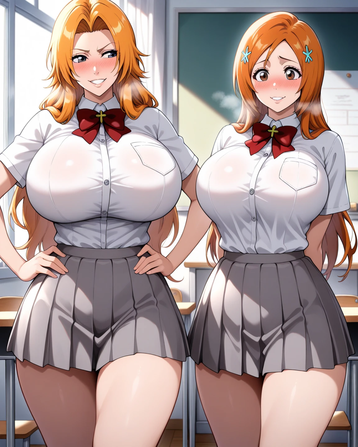 2 heads, a short chubby woman with 2 heads. Outside in the autumn, at a university. Enormous breasts. Schoolgirl attire. Miniskirt. Thigh-high socks. Young. Happy. Flirty. Seductive. Enormous breasts. Giant erect nipples.
