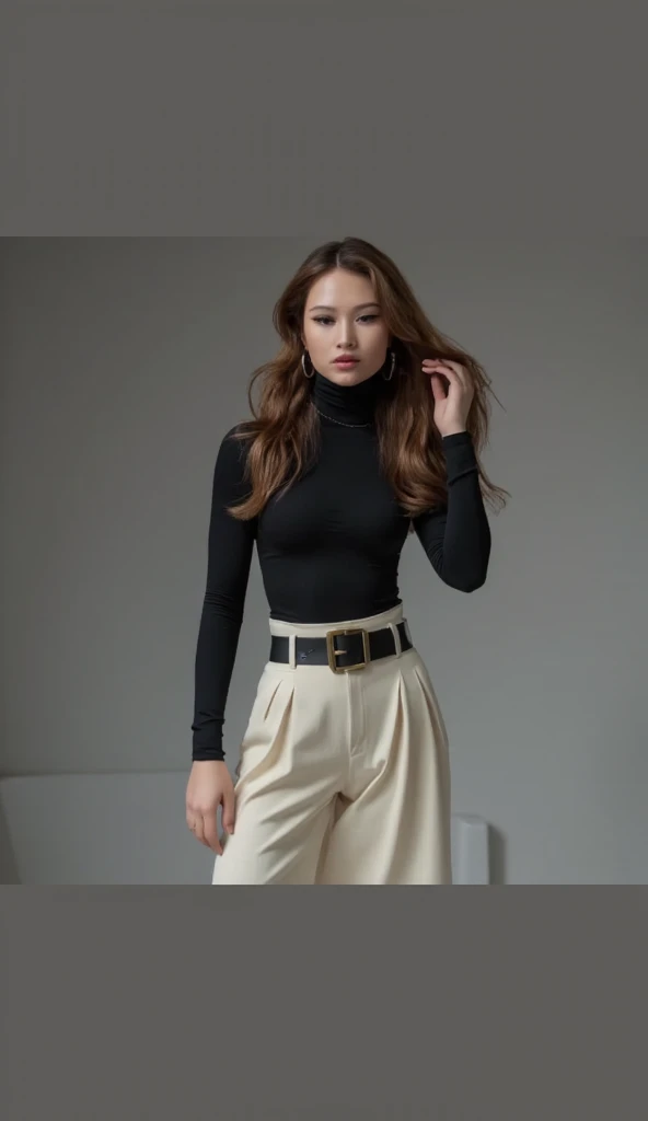 professional portrait photograph of (okuryl3nko:0.99), in high fashion clothing, beautiful face, cute natural makeup, wearing Victoria's Secret elegant suit, (turtleneck:1.1), (long trousers), ((walking on the runway)), fashion show, ultra realistic, concept art, elegant, highly detailed, intricate, sharp focus, depth of field, f/1. 8, 85mm, medium shot, mid shot, (centered image composition), (professionally color graded), ((bright soft diffused light)), volumetric fog, trending on instagram, trending on tumblr, hdr 4k, 8k, (waist chain), (closeup portrait:1.1), (smile512)