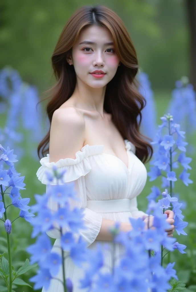 cleavage,Best quality, masterpiece, ultra high res, (photorealistic:1.4), raw photo, 1girl, white dress, off shoulder, blue flower field, glowing skin, light smile
