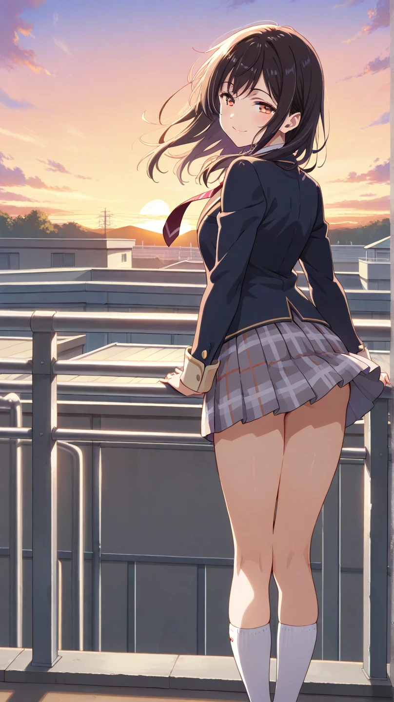 ((table top, highest quality, High resolution, perfect pixel, 4K))), 1 girl, single, alone, beautiful woman、I could see the whole body、 ((middle wavy hair, bangs, brown hair)), ((brown eyes, beautiful eyelashes, realistic eyes)), ((detailed face, blush:1.2)), ((smooth texture:0.75, realistic texture:0.65, realistic:1.1, Anime CG style)), medium breasts, dynamic angle, perfect body, ((red bow tie, school uniform, black jacket, open jacket, Sheer white shirt, transparent nipples, black skirt, plaid skirt)), City staircase、Angle looking up from the bottom of the stairs、Very embarrassing panic smile, looked back、leaning forward、((The wind flipped my skirt and exposed my butt.、Touching the buttocks with both hands、Light Pink Lace Panties))、((love juice、semen、cum in panties))