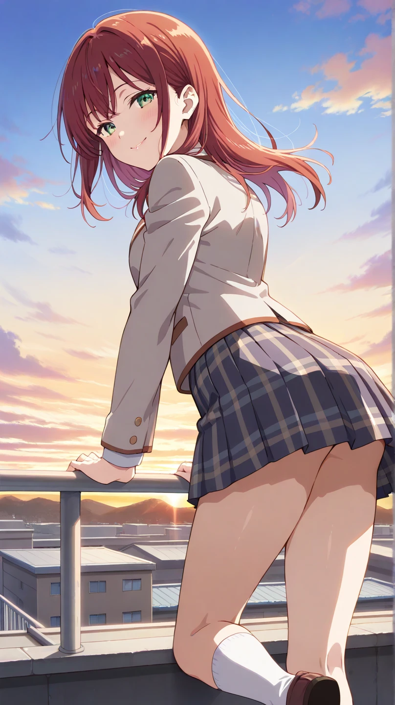 ((masutepiece, Best Quality, hight resolution, nffsw, Perfect Pixel,  4K, nffsw, nffsw))), 1girl in, Single, Solo, Beautie、full body seen、 ((Middle Wave Hair, Bangs, Purple hair)), ((verd s eyes, Beautiful eyelashes, Realistic eyes)), ((Detailed face, Blushing:1.2)), ((Smooth texture:0.75, Realistic texture:0.65, Photorealistic:1.1, Anime CG style)), medium breasts, Dynamic Angle, Perfect body,  ((red bowtie, School uniform, , White shirt, Black skirt, plaid skirts)), City staircase、Looking up from the bottom of the stairs、Very embarrassing panic smile, turned around、bending forward、(The wind flipped my skirt and exposed my butt...................、Touching the buttocks with both hands、Light blue lace panties)、