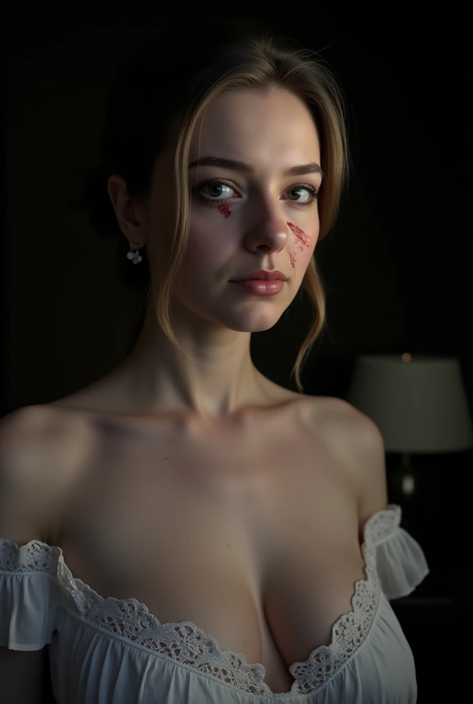 Ellie from the Last of us part 2, wearing a slutty nurse outfit, red lipstick, no bra or panties, c-cup breasts and her face and tits coated in cum