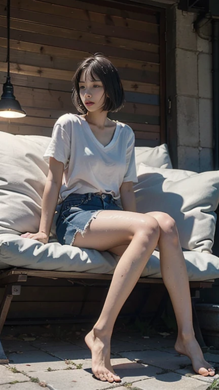 detailed_background, realistic, 1girl, looking at the viewer, sitting on bench, abandoned house, nighttime, back against the wall, eyeglasses, blushes, bob_cut, bangs, white short sleeve blouse, cleavage, big_boobs, small waist, denim mini skirt, bare legs, thighs, thicc_thighs, highheels, side view, view from below,