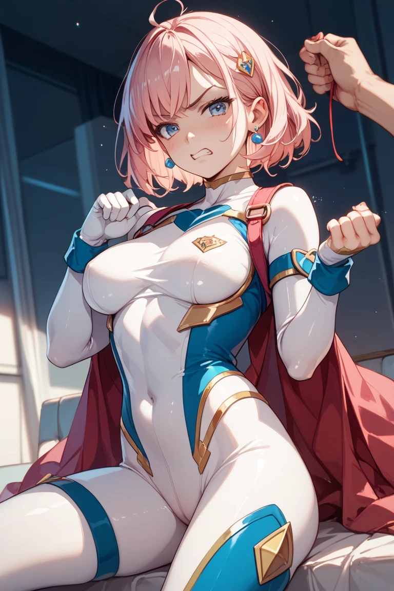 ((a 25yo girl), Sayla Mass, elegant), bending waist,whole body、see the beholder, young woman,bright smile、shy、blush、expression of ecstasy、erotic、charming、Charm、bob short、bangs、shiny blonde hair、blue eyes、long, well-shaped eyelashes、perfect eyes、Slender eyes、glossy pale pink lips、（Plump slender body of a young woman、plump body:1.3、shiny skin、Beautiful big breasts:1.1、thin waist、Beautiful butt、Thick thighs、beautiful long legs）、perfect arms、perfect hands、perfect fingers、perfect body shape、perfect ???????、(Army pink uniform dress with short super uper miniskirt You can see the pants in the miniskirt), cameltoe, lilac lace shorts、Bright red long boots), steam、steam、sexy genital pose gesture、cheeky pose、(putting fingertips on lips),(with sparkling eyes and a contagious smile),nsfw, From Above、cowboy shot, no gravity, figure, Bright colors, Practical Light, (background is blurred:0.8)、highest quality, disorganized, good quality、Realistic, ultra high resolution, masterpiece、HDR、UHD、8k