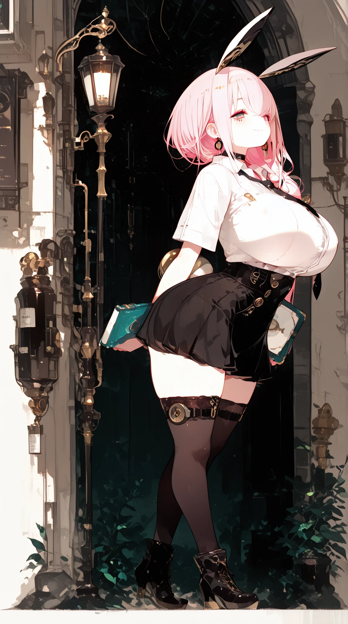 (Alone),Mei Hatsume, a girl with yellow eyes with cross-shaped pupils and asymmetrically combed pink hair, with two longer strands on the right side of her face, stood in front of a full-figured woman. long mirror admiring your reflection.(Wearing),+,Wearing),+,(\A maid uniform with The apron is made of sheer, almost translucent black lace, which barely hides the maid's curvaceous body underneath. The front falls scandalously low, exposing the fullness of her breasts and most of her cleavage. Thin straps hold the apron in place, digging into your shoulders and drawing attention to your toned arms. Her corset is a slinky red number with built-in push-up cups that enhance her already impressive bust size. The corset has a deep V-neckline that disappears into the apron, emphasizing her ample cleavage. Thong-style laces crisscross her back, drawing attention to her narrow waist and the tantalizing hint of her ass. Her miniskirt is made from the same sheer lace as her apron, ending at mid-thigh to give a full view of her toned legs and the red garter belt wrapped around them. The garter belt supports fishnet stockings that ride up mid-thigh, adding a touch of fetish to the overall look. On her feet, she wears stiletto heels with ankle straps, enhancing her seductive and leggy appearance. Her hair is styled in loose, tousled waves, framing her face and drawing attention to her full lips, painted a bold crimson red. To complete the look, she uses a white duster as a prop, using it to tease and caress her own body in suggestive ways. The overall effect is one of unabashed, unapologetic sexuality packaged in a classic maid uniform that has become entirely explicit and provocative.)/,+,(\Facing the front of the fourth wall looking at the fourth wall:1.5)/
