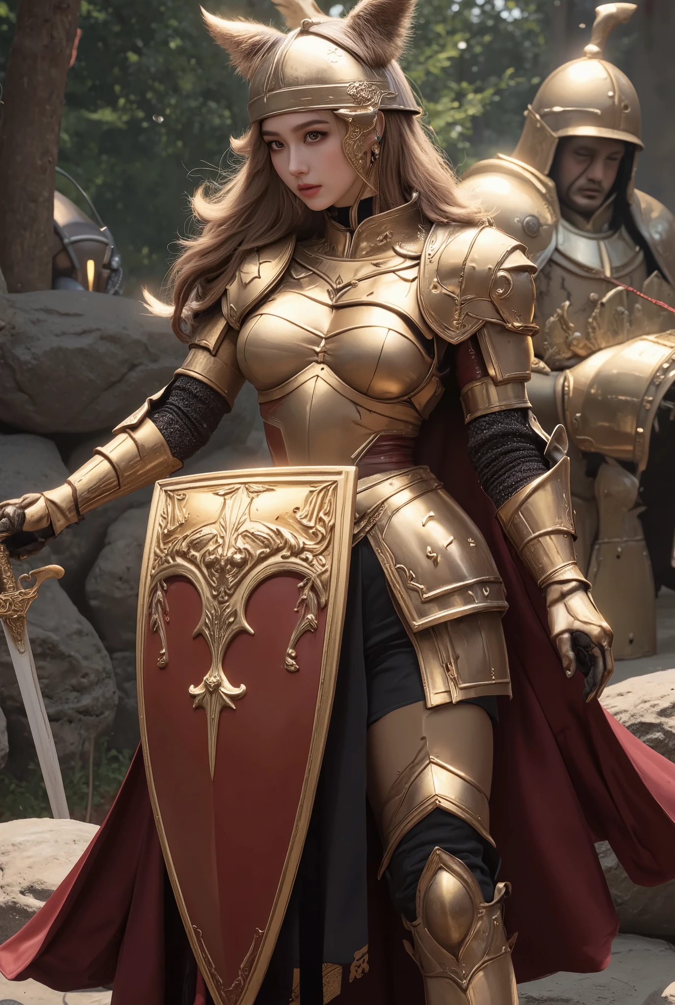 Women like Joan of Arc、Knights, golden armour,Gold Armor,With a sword and shield,Royal style,Comic style, , Sub-surface scattering, ornate detail, nature backdrop, Hyper-realistic, Cinematic, Dramatic Lighting, masutepiece、Armor and helmet with wolf motif、full face helmet、Full Plate Mail、My whole body is covered in armor、