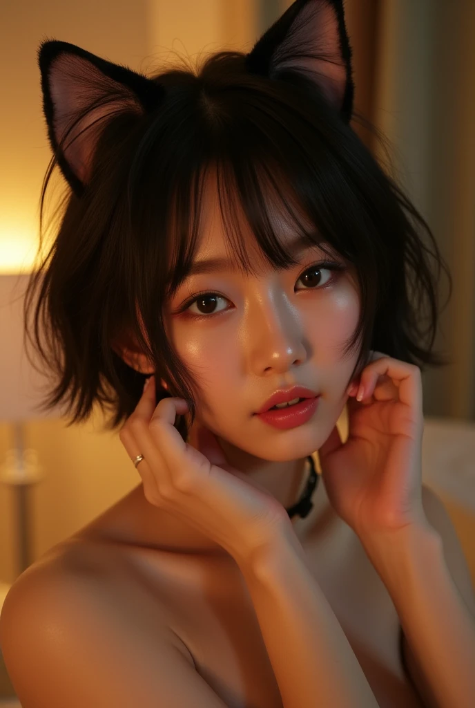realistic photo, 20 year old taiwanese german woman, nude, lying on bed with legs spread, (yellow eyes), white and black hair, bobcut hair, black and white cat ears, cat patterns on skin, naughty expression, exagerrated, dramatic, detailed face and body, natural lighting, high resolution, photorealistic, (best quality,8k,highres,masterpiece:1.2),ultra-detailed,(realistic,photorealistic,photo-realistic:1.37),realistic skin texture,detailed eyes and lips,beautiful detailed face,long eyelashes,smooth skin,natural body shape