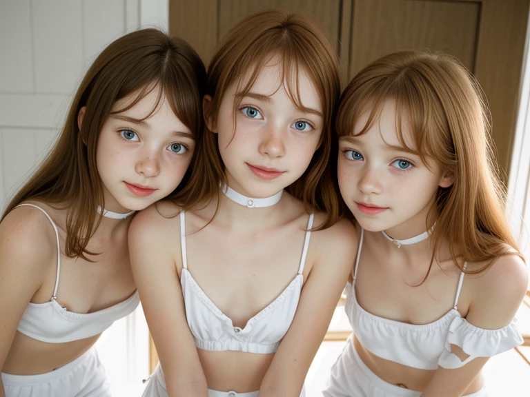 Three young elves ( 1 light brown hair and gray eyes, 1 black hair and green eyes, 1 white hair and black eyes), young sisters, household, new, lying in bed, a young human with black hair and eyes on all fours with her back to me naked on the bed. As tres new, Leg Open. masturbation