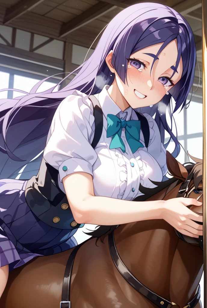 masterpiece, best quality, highres, ccsuzuka, long hair, animal ears, ear covers, white hairband, horse tail, white shirt, green ribbon, short sleeves, blue skirt, black pantyhose,(((vaginal,sex)))