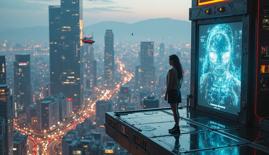 (Low angle view). A futuristic sci-fi all-glass Tokyo city, tall neon buildings, transparent elevator, 1 drone. High-resolution OLED GUI interfaces in the building, The windows are filled with transparent data visualization infographics that show it all, from weather patterns to traffic flow, Matrix cascading code. Colors are saturated and vibrant. At night, (1girl, solo), photo realistic, medium-breast:1.3 slim body, cleavage, sexy costume, miniskirt, (matrix style black sunglasses, holding a short gun), half-body thigh level medium shot, cinematic lighting, ray tracing.