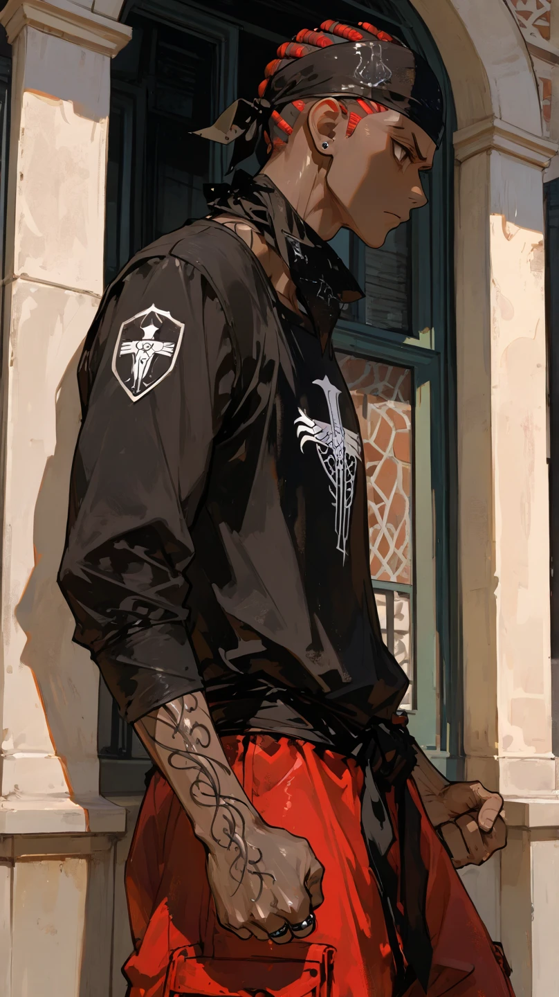 1 boy, single teenager, athletic body, somewhat stocky, messy burgundy neck-length hair, dark skin, tanned skin, green eyes, mole under right eye, somewhat athletic body, somewhat wide hips, black shirt, ripped jeans, leather black jacket, in a university, in a park