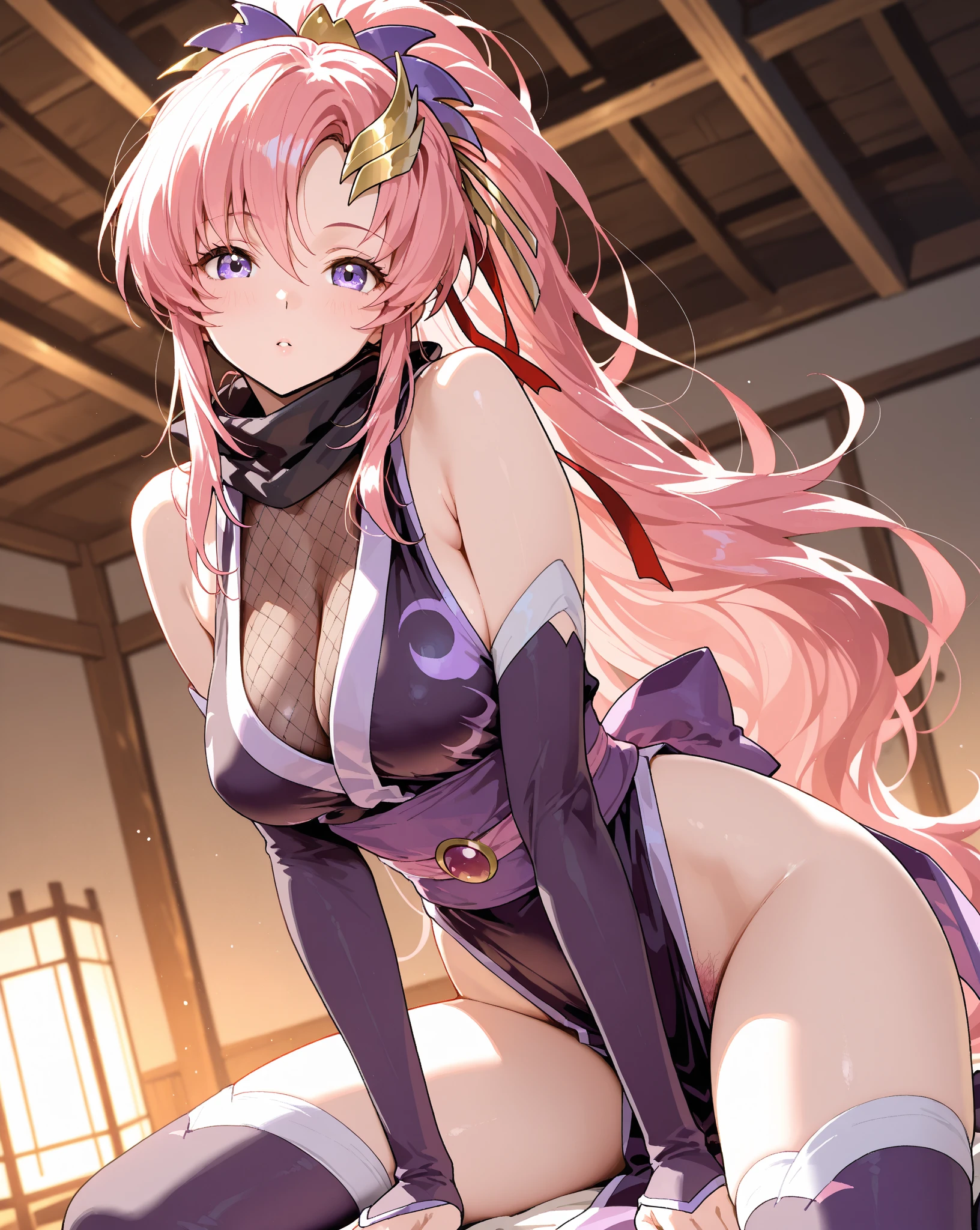 1girl,solo,cowboy shot,(standard height),standing,(pink hair:1.5),long hair,(twin braids:1.4),ahoge,hair ribbon,(blue eyes:1.2),(beautiful fingers:1.4),(perfect anatomy:1.4),(arms_behind_back:1.4),(cold_shoulder:1.4),BREAK,(pink silk lace glossy lamé kimono:1.6),(pink leotard:1.4),(latex luster shiny glossy metallic:1.4),(shiny_clothes:1.4),(medium breasts:1.4),(masterpiece:1.2),best quality,(Ultra high definition eyes:1.2),8k,(Beautiful detailed eyes:1.2),(Fine and beautiful eyes:1.2),(pretty eyes:1.2),finely detail,extremely CG, absurdres,high resolution,illustration,Detailed and beautiful outlines,finely detail,high resolution,(colorful refraction:1.4,Increase saturation:1.2),beautiful lighting,dynamic lighting,closed room,black background,simple background, smile,looking at viewer,roxy, white dress, neck ribbon, black ribbon, brown cape,(white Clear PVC sheets sleeves:1.4),(sheer sleeves:1.4),(see-through sleeves:1.4),(wide sleeves:1.2),(pink thigh boots:1.2),roxy, ahoge, black ribbon, blue eyes, braid, hair between eyes, hair ribbon, long hair, twin braids, very long hair,