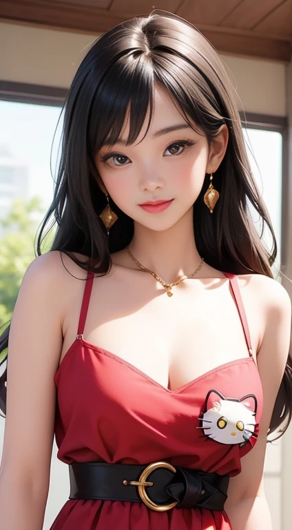 a beautiful woman with long black hair in a bun, a long forehead, seductive eyes, a medium nose, perfect pink lips slightly parted in a seductive expression, blushing cheeks, a beautiful long neck and collarbone, a medium chest with cleavage, wearing a long red floral dress, in a bedroom setting, stripping and exposing her black bra and bare shoulders,(best quality,4k,8k,highres,masterpiece:1.2),ultra-detailed,(realistic,photorealistic,photo-realistic:1.37),HDR,UHD,studio lighting,ultra-fine painting,sharp focus,physically-based rendering,extreme detail description,professional,vivid colors,bokeh,portrait
