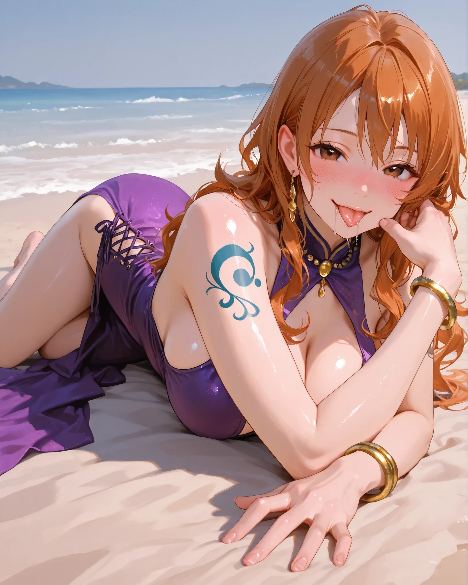 closeup, Sluisap, eyes、usnr、GBF_style、748cmstyle、32K、Semi-realistic、 super detailed description 、Artwork、Original Works、 detailed color、 detailed eyes、 detailed lips 、 The Greatest Masterpiece、Professional work , large Breasts、brown eyes, oval shape eyes, sexy, One - Piece Chracter, Nami , Nami , ( Nami cosplay:1.3), shiny body, (perfect fingers:1.3 ), full frame, full length, blushing , seductive pose, kneeling very blushed face, smile, beach background、 cowboy shot, full body view, far wearing a elegant purple dress , rich purple color dress, high slit, side lace- up design ,long wavy hairs , beaded gold accessories on arms and head , round earrings, gold bangle on left hand, small gold earrings, tattoo, prone position, tongue out, saliva drooling, finger shape O