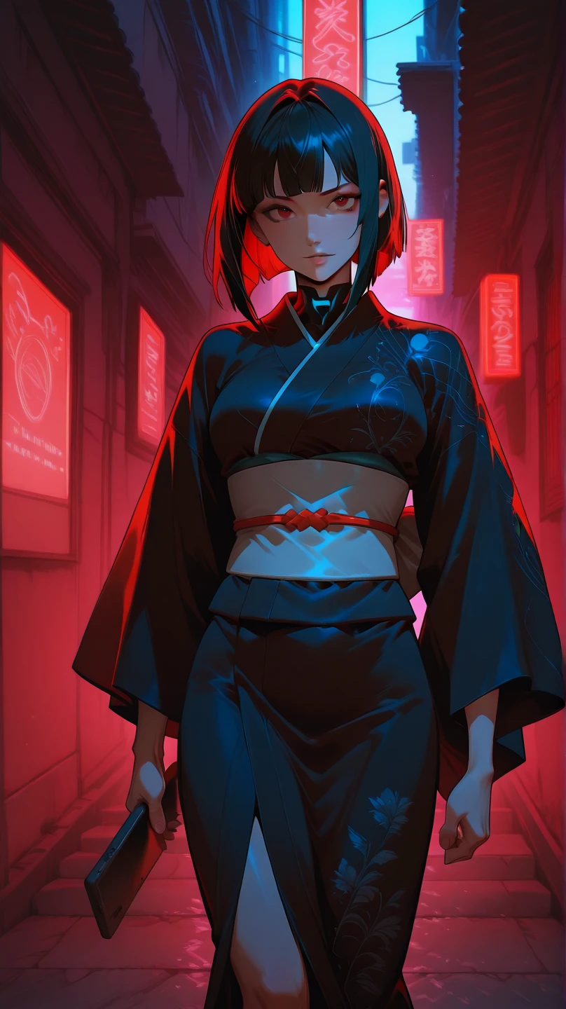 1girl,20s,tall,mature female,angry face,smile,black gangster outfit,hooded,black pants,medium tits,black hair,long hair,red eyes,fox ears,navel,cowboy shot,((standing in asian Slum townscape,night)),night