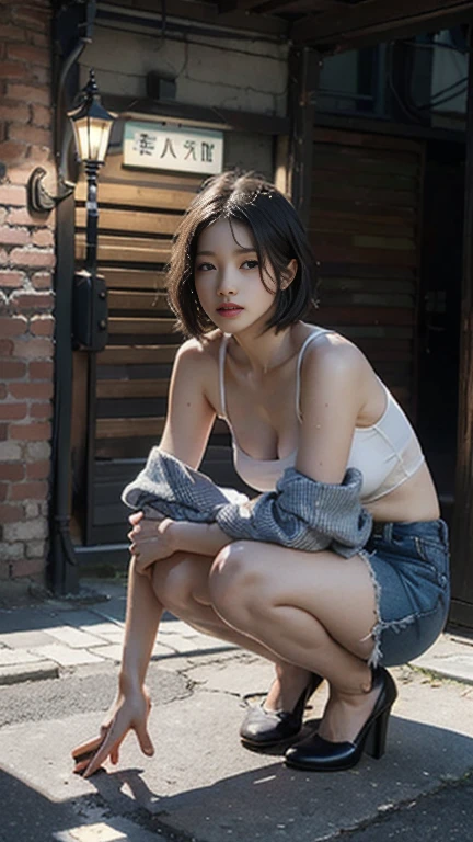 (20 year old Japanese woman), (Small breasts:1.3)solo, masterpiece, High resolution, High detail, Highest quality, Very detailed, Ultra high definition, (Textured skin.2）, ((Ray Tracing)), Natural Light,Cinematic light effects, ((realism)), ((Surrealism)),8k octane, ((Natural Makeup)),Aperture value F1.8, (((Black Hair, Shiny Hair, bo short hair))),((Sitting sideways on a spiral staircase,Get on one knee)),hot pants,casual shirt,（Full body shot 1.2)