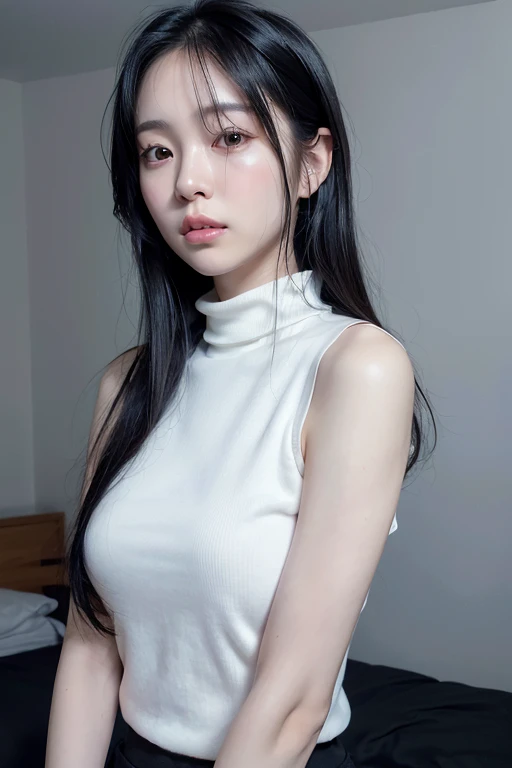 best quality, ultra high res, (photorealistic:1.4), 1girl, off-shoulder white shirt, black tight skirt, black choker, (faded ash gray hair:1), (huge breasts:1.2), looking at viewer, closeup ,