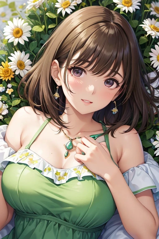 a beautiful and detailed character portrait of ochako, brown hair, , pantyhose, green skirt,grey coat, tie, , smile, trees, ((flowers)), bushes,solo, cinematic lighting, shaded, sit, park, sex, penis in mouth, blowjob ((solo bikini trasparente))