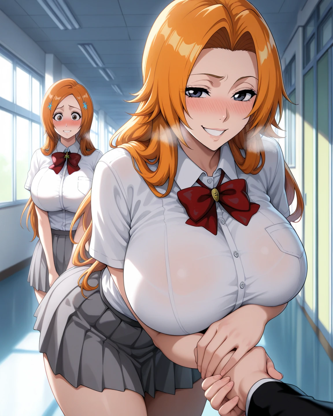 (NSFW:1),(1boy and 1girl:1.5),(breast sucking:1.5)from side,high resolution、masterpiece、high quality、4k,8k,,fukawa_miku, green eyes, orange hair, long hair, ponytail, green bow, white under wear,white bra,white,panties,(gigantic breasts:1.6),official art、(restaurant),cowboy shot,(breast grab),looking at viewer,smile,nose brush,nipples