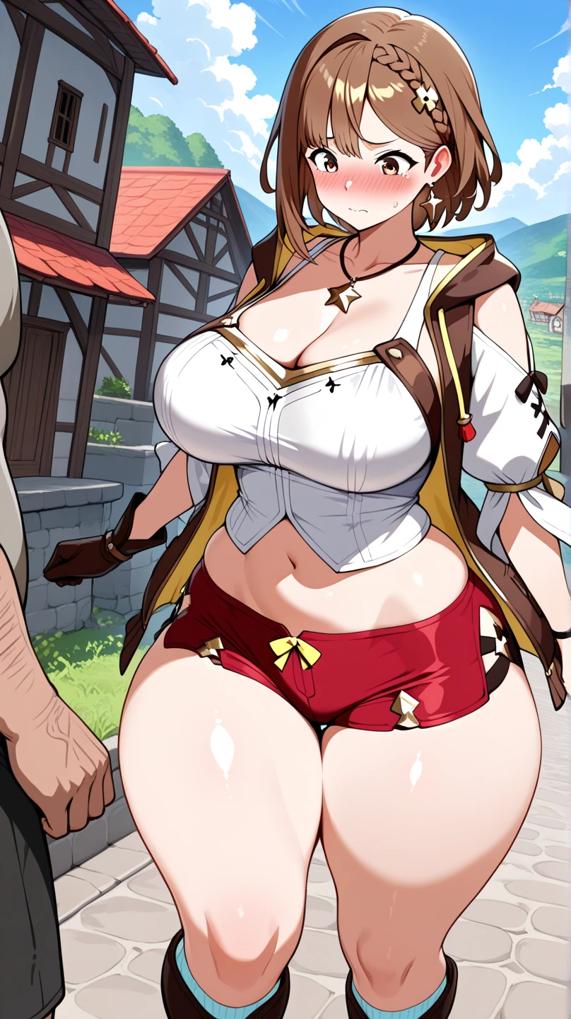 masterpiece, anime character, I'm straddling a man's , Ryza having intense cowgirl , (((Aggressive : 1.2))), favorite,Bounce and shake wildly,, 32K,Super detailed,Ultra-detailed,, Vibrant , Short brown hair, shirt, Shorts, Red shorts, White Beret, Black knee socks, Ryza outfit, loungewear, {{A biological weapon that preyed on the sleeping Ryza and transformed into her appearance, Big  bouncing}}, Shake violently, Overall view, Town, 