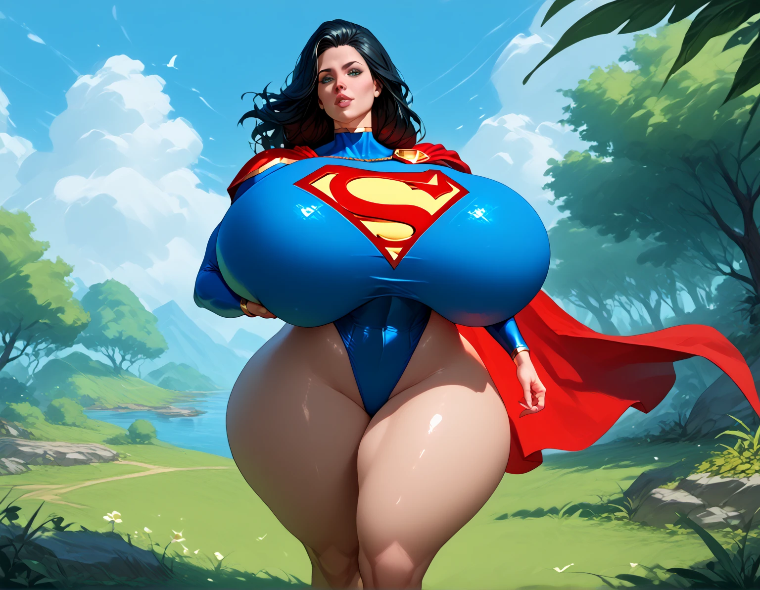 American World War II poster, Gil Elvgren style ((USA Poster, American Poster)) (((A young woman with straight dark hair long size up to her waist in superhero pose))) ((detailed outfit entirely red with gold)) (cars in the background of the image) (((robotic left arm)) (((cyberpunk arm))propaganda Poster, hero uniform, SUPERGIRL UNIFORM, 1 girl, solo, good body, poster design, poster art style. 1980s, 1950s, 1960s, 1940s, basic color scheme, very colorful poster, colorful art, third rule, inspiring, woman, 1 25-year-old girl, hair blowing in the wind, looking at the viewer, blurred background, thick legs, green eyes, (wide hips:1.2), (chubby:1.2), (huge breasts:1.4),
