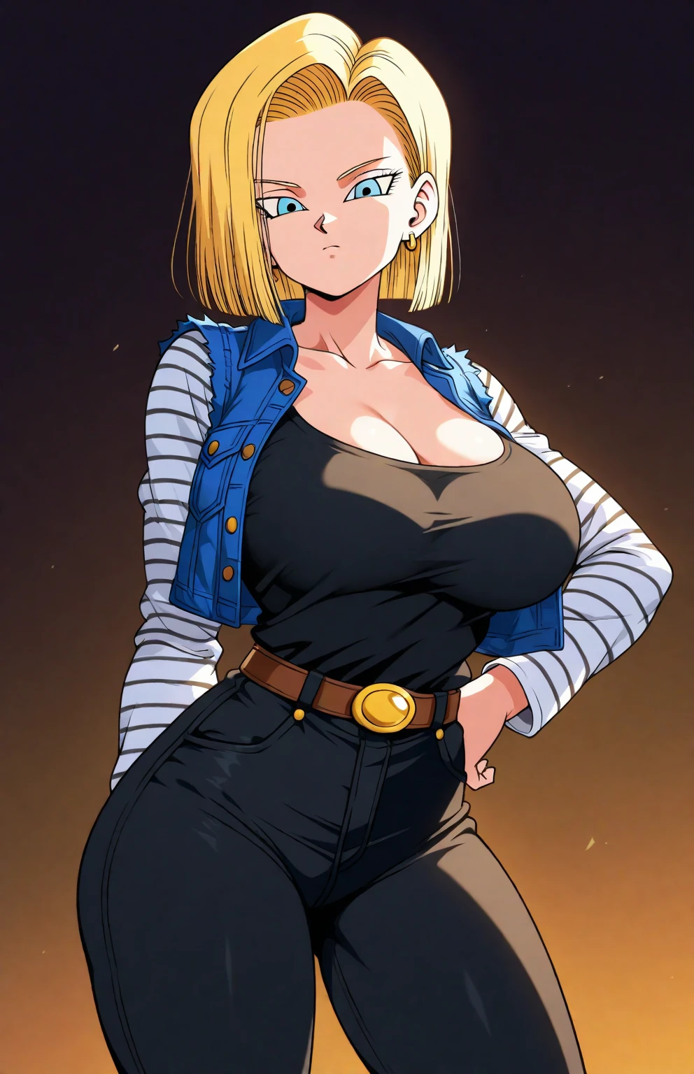 ((Main Part,best quality)), blond, Yellow hair, case, Android_18_.D B, jeans, striped long sleeve shirt, blue denim vest, Solitary, smiling, Looking at the audience, Cowboy shooting, Film composition, Dynamic poses, whole body, Brown boots, side profile, Show leg side, Show side, from the side, Stand up, whole body, jeans azul, reflection, short hair, Big Ass, Cleavage, thin waist, Big ,