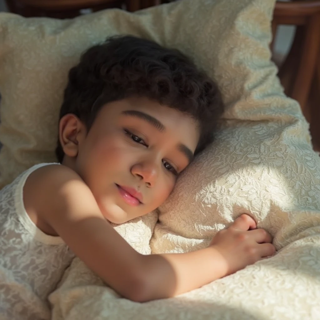 A hrown boy sleeping. Beautiful eyelashes, straight nose, red but still tan cheeks, unorganized but organized eyebrows, slightly growing beard on upper lip