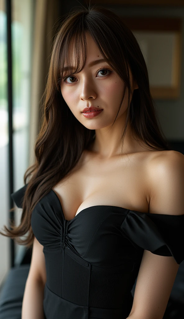 ((Full Shot:1.3)) ((highest quality)), ((masterpiece)), (Get used to it), Perfect sexy face (1 female) (Japanese) (She is 24 years old、The cutest and most beautiful fantasy girl in Japan:1.3) ((highest quality)), ((masterpiece)), length Light brown hair length, Shiny brown hair, Silky Hair, Straight brown hair, length light brown straight hair, Perfect Silky Straight Hair, Straight light brown hair Her hair is long and straight, detailed ((big 1.4)) Super Long Hair down to the ankles ((Her bangs are neatly trimmed, Full Bang:1.2))... bright crimson lips good, Anatomically correct hand Thin fingers 5 anatomically correct fingers Sexy professional makeup Beautiful Japanese girl face, Japanese facial features, Long Hair shiny Long Hair, length, shiny light brown hair, length, Straight light brown hair, Her hair is long and straight, Super Long Hair girl, Silky Hair, length Light brown hair, Silky Hair, length, Flat Hair, Silky texture, Long Hair, length, flowing light brown hair, thin and shiny hair Anatomically correct typical Japanese skin tone and detailed hands and fingers Beautiful Eyes Mouth detailed the corners of the mouth rise slightly Cool look (The eyebrows are dark brown in color) (She is wearing a black evening dress, Wearing an organza gown, Frock, Wearing a black dress, Formal attire, Cute Black Dress, Full body black dress, Black Gown, Wearing a black dress, Tube top dress, Wearing a cocktail dress, Romantic Dress, ruched bodice She's wearing a gorgeous all-black Victorian dress....) (This is a fantasy world cave:1.5) (She has a magic wand、A pose like casting a spell:2.4) (She has a bright look:1.2)