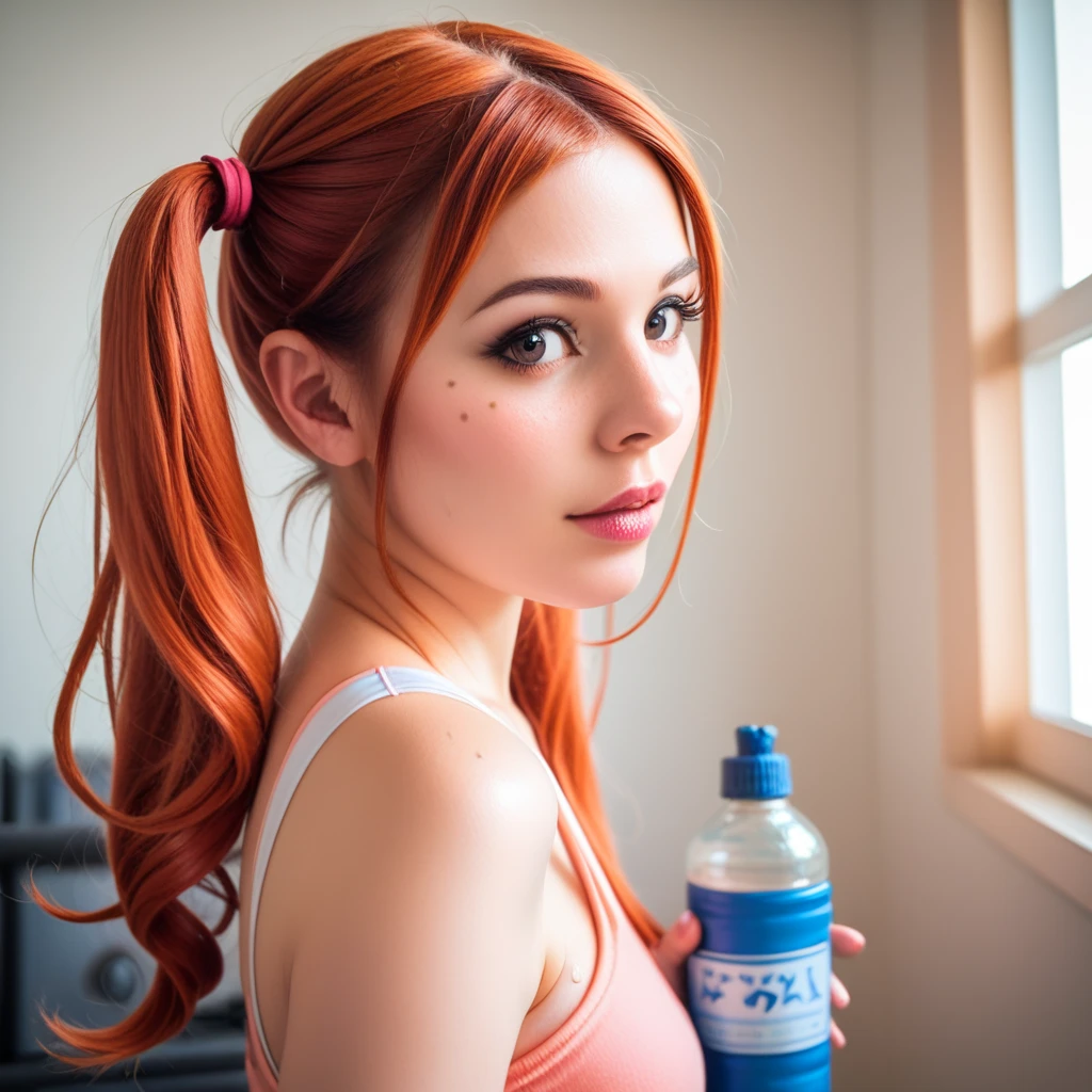 A young woman in her late s with long ginger hairtied up in twin ponytails stands next to the treadmills and drinks from a water bottle , her freckled skin glistening with sweat She wears a pink sports bra and leggings with a multi colored design in pastel colors. A small hand towel rests on her shoulder. Warm indoor lighting, professional gym setting,photo realistic ,close-up, shot side view , looking at the viewer