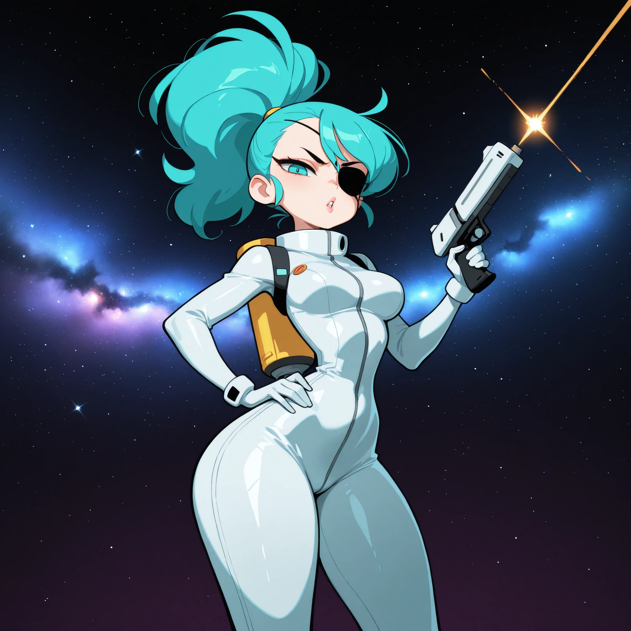 masterpiece, best quality, amazing quality, very aesthetic, absurdres, high res, shiny skin, diives, 1girl, solo, short turquoise hair, ponytail, turquoise eyes, black eyepatch, full lips, medium breasts, narrow waist, wide hips, thick thighs, white tight space suit, jetpack, holding a futuristic pistol, angry, hand on hips, looking at viewer, space background, galaxy, from the front view