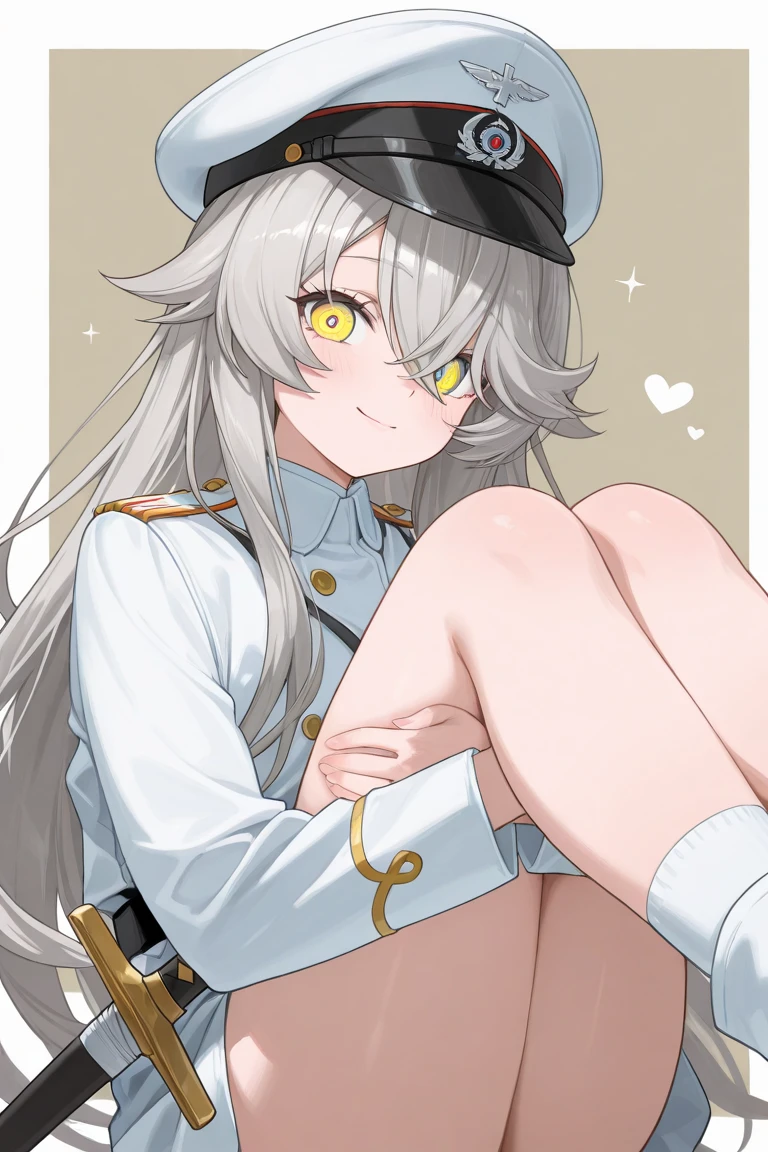 1girl, white hair, blue  eyes, wolf ears,, belt, black belt, black footwear, black hat, black shirt, black skirt,  blush, boots, flying sweatdrops, large breasts, hat, long sleeves, open mouth, pantyhose, peaked cap, pleated skirt, shirt, sidelocks, simple background, skirt, solo, white background, white pantyhose, 
masterpiece,best quality,  newest, absurdres, safe