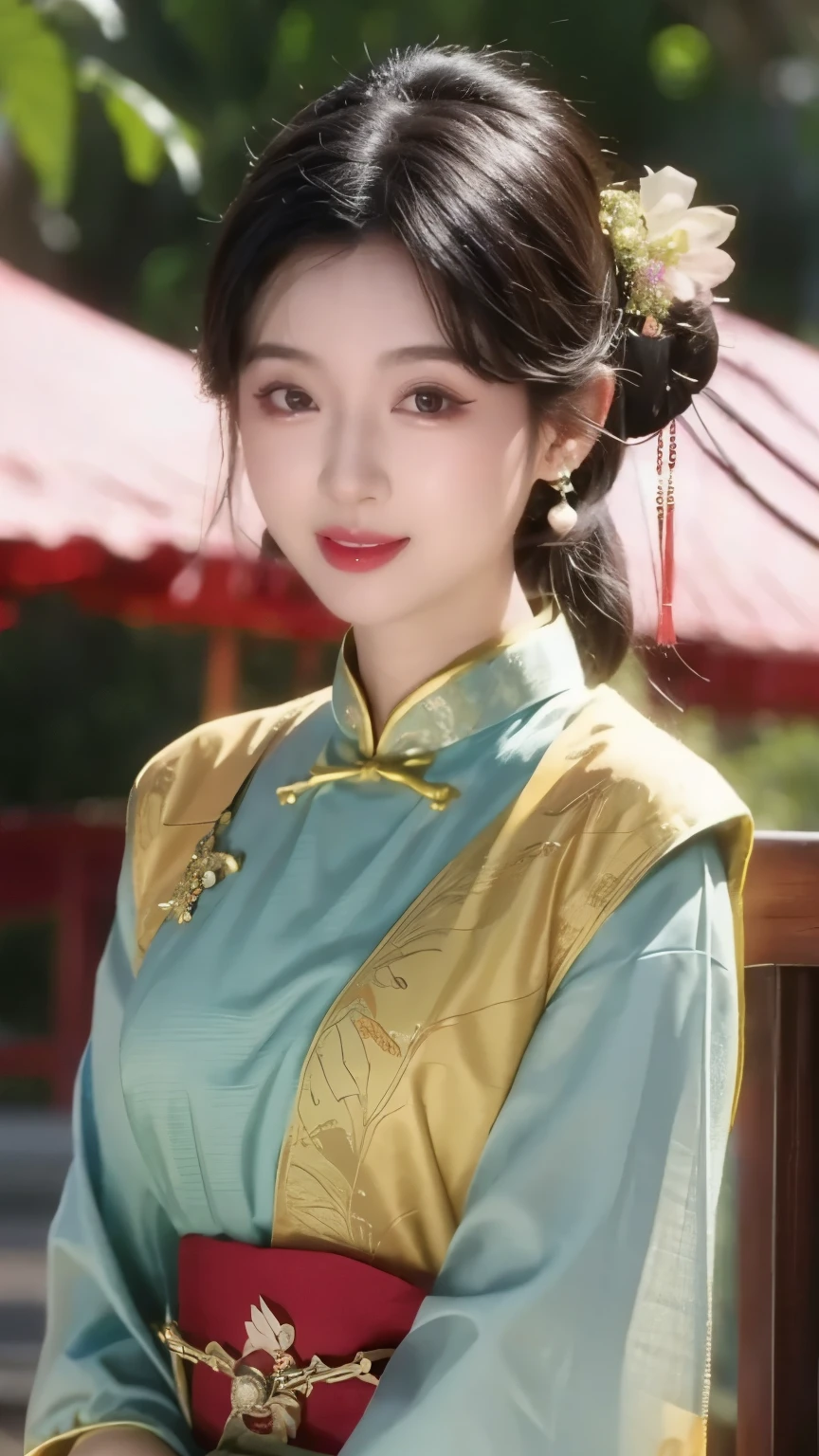 1 beautiful girl,best quality,(painting:1.5),Chest,torii,,depth of field, detailed face ,facial focus,ribbon_trim,(watching the audience:1.25),Smile,Thick lips,Real People,blue cheongsam