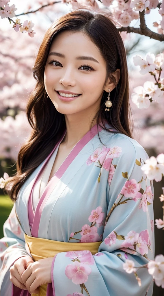 Temple、Colorful kimono、open chest、I'm not wearing anything inside、full body shot、NiziUAYAKA、 4K、1people's women、slender、 Loose wavy styling 、seductive and attractive、Including face and skin texture.,detailed eyes、A soothing expression with a smile