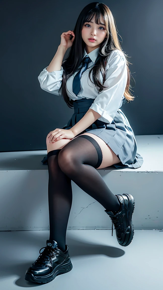 there is a woman in a suit and tie sitting on the floor, thighhighs and skirt, japanese girl school uniform, japanese school uniform, wearing japanese school uniform, young sensual gravure idol, japanese model, a hyperrealistic schoolgirl, of a schoolgirl posing, cute schoolgirl, young pretty gravure idol, hyperrealistic schoolgirl, seifuku