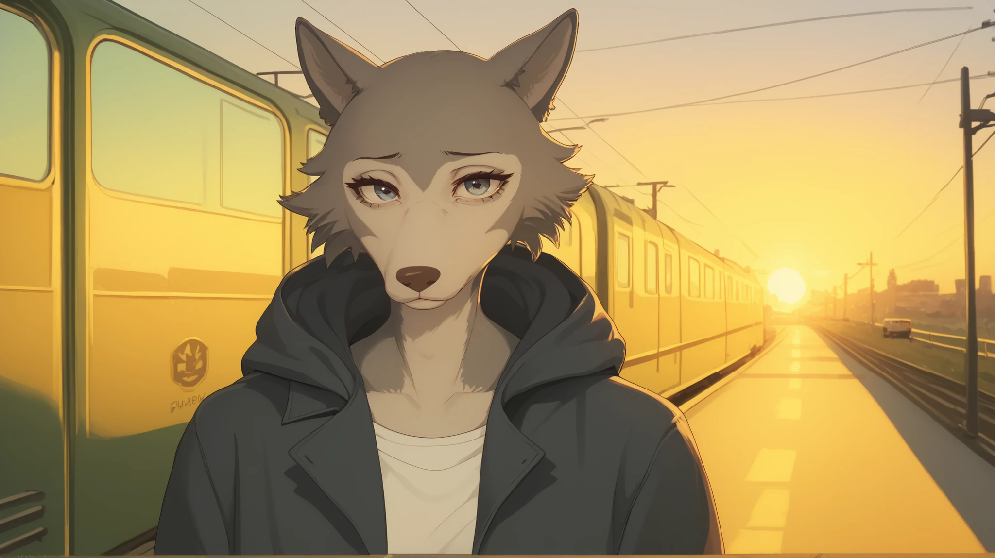 train leaving in the background, Sunset, looks at the viewer, Anthropomorphic wolf girl, grey fur, sad look, hooded jacket,