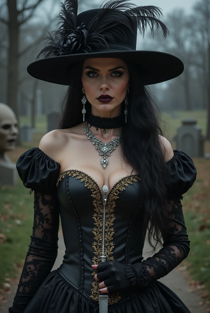 create a witch, with black hair and beautiful and a cold look, with a black dress, make it sexier. with big breasts. With his black hat