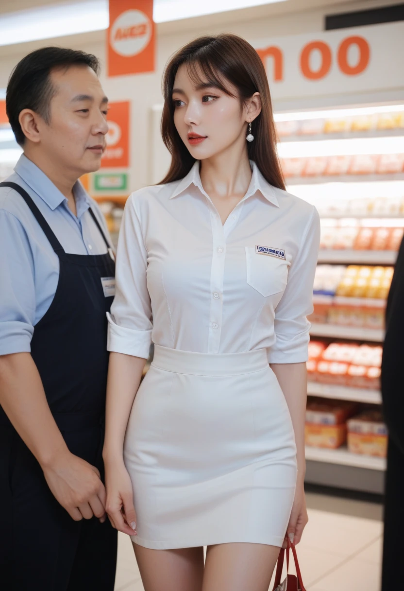 A man in a white shirt、arafed picture of a woman with a red box hanging on her chest, Transparent, Full body 1 / 6 Erpingnu, Sorayama Moto (hajime sorayama) Design Girl, 半Transparent, cardboard cutout, Girl image, Soft light hazy Yoshitaka Amano, Kago Shintaro, Full body illustration