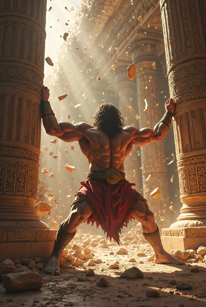 Samson Realistic Create an image of Samson knocking down the pillars, a very realistic ...