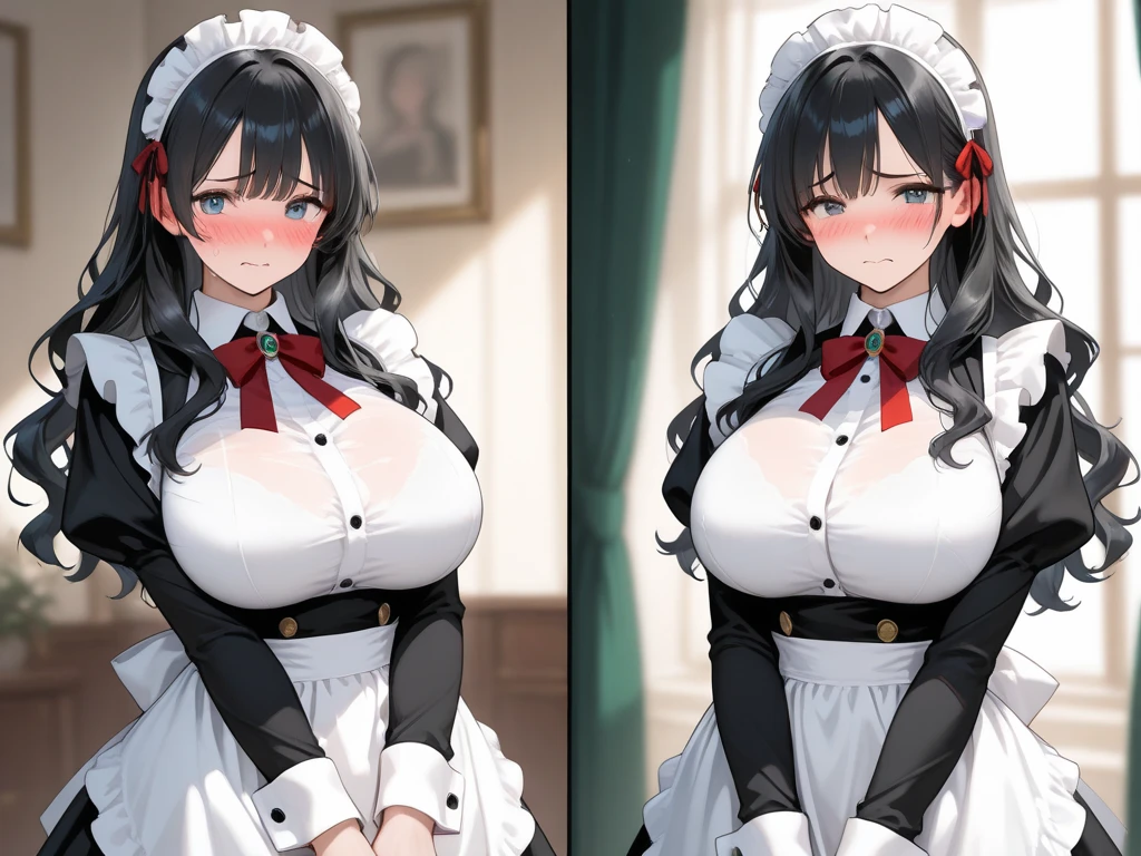 (((masterpiece, best quality))), (((superior quality))), cute girl, ((extremely detailed girl)), ((huge breasts)), (bare shoulders), cleavage, strapless top, maid
