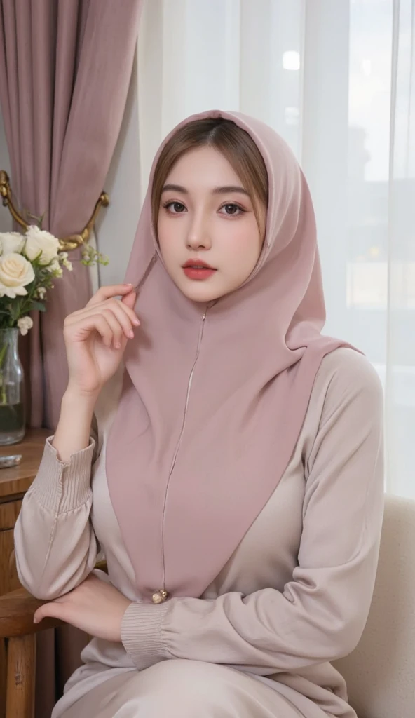 RAW photo of a 24 year old girl wearing hijab, satin abaya pink, satin, hijab face portrait, neutral background, 8k uhd, dslr, soft lighting, high quality, film grain, Fujifilm XT3, covered dress, decent dress, big tits:1.5