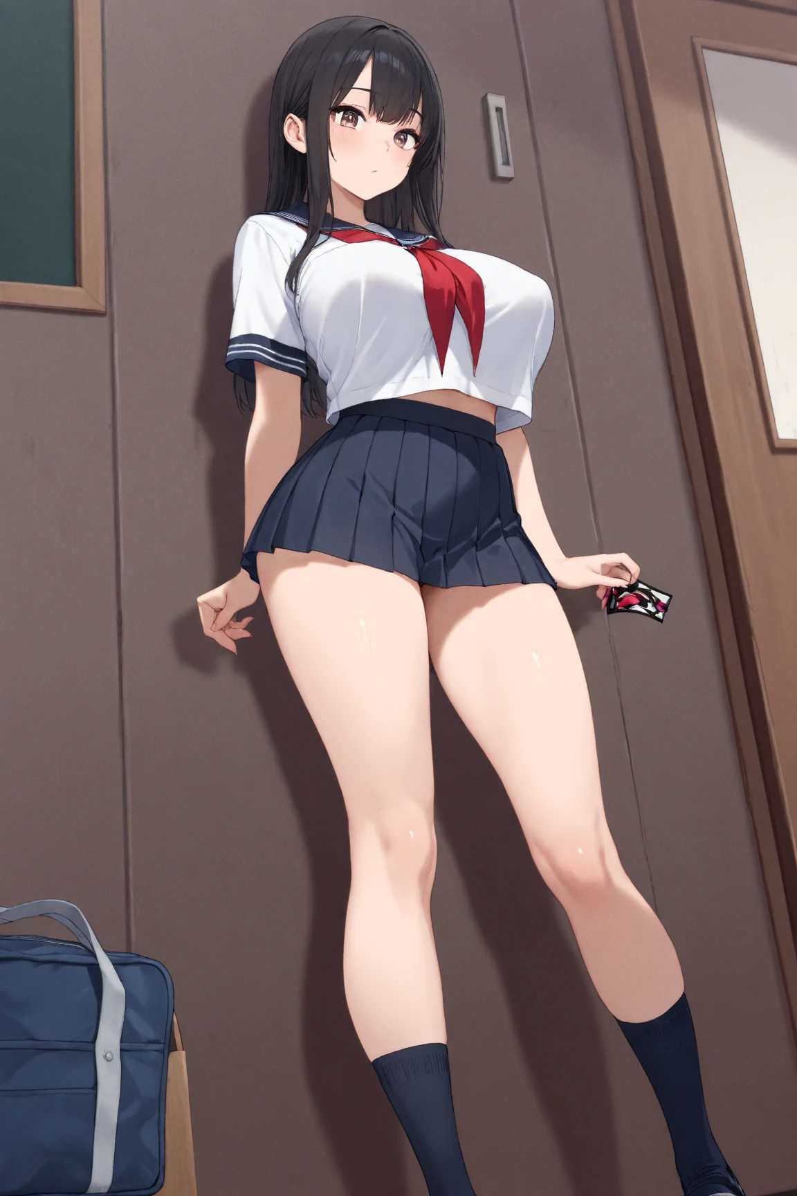 top-quality,ultra-detailliert,masterpiece,realisitic,Photo Real,Bright lighting,1 girl in, Very beautiful 14 year old girl, (kawaii:1.2),smug, (Brown eyes),(Random hair color, Random hairstyle),perfect glossy skin,flawless skin, ((accurate hands without incongruity)), large full breasts,big breasts thin waist, Look at viewers, Silk Panties, ((a sailor suit)),((Short sleeve uniform white shirt)),(red necktie),(Pleated skirt), (Loose socks:1.2), (No shoes), during daytime, cheeky pose on bed, (Full body shot:1.4), tiptoe, (From below:1.3)